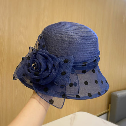 👒👒Sombrero para el sol francés para exteriores, de organza británica, transpirable, con lunares florales y a la moda