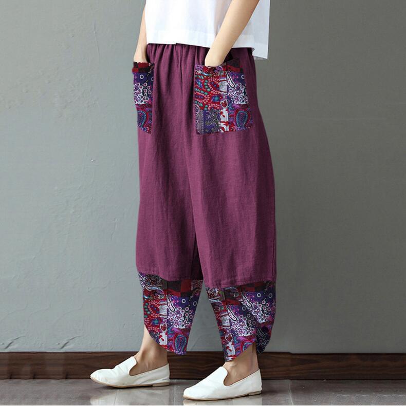 【S-5XL】Pantalones de algodón estampado vintage para mujer.3876901