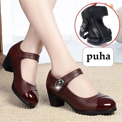 【Compre 1 y obtenga 1 gratis】【35-42】Zapatos de punta redonda de cuero genuino con suela suave para mujer.3877027