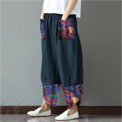 【S-5XL】Pantalones de algodón estampado vintage para mujer.3876901