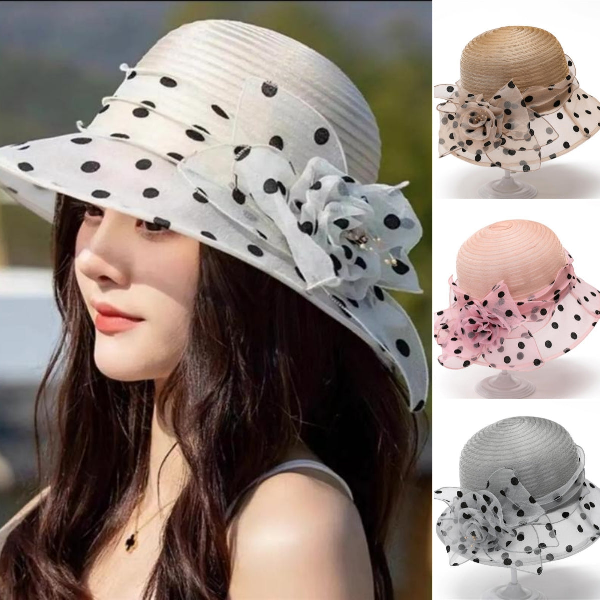 👒👒Sombrero para el sol francés para exteriores, de organza británica, transpirable, con lunares florales y a la moda