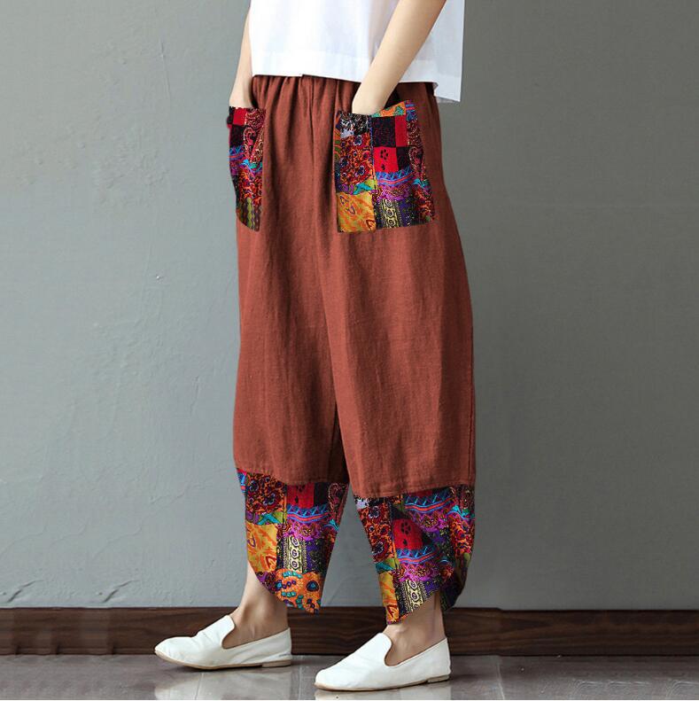 【S-5XL】Pantalones de algodón estampado vintage para mujer.3876901