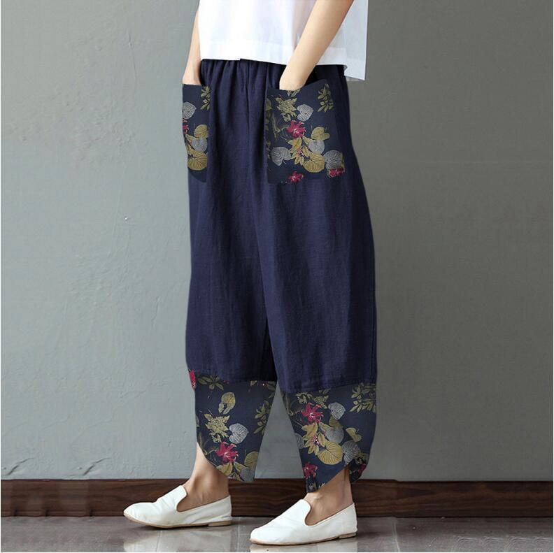 【S-5XL】Pantalones de algodón estampado vintage para mujer.3876901